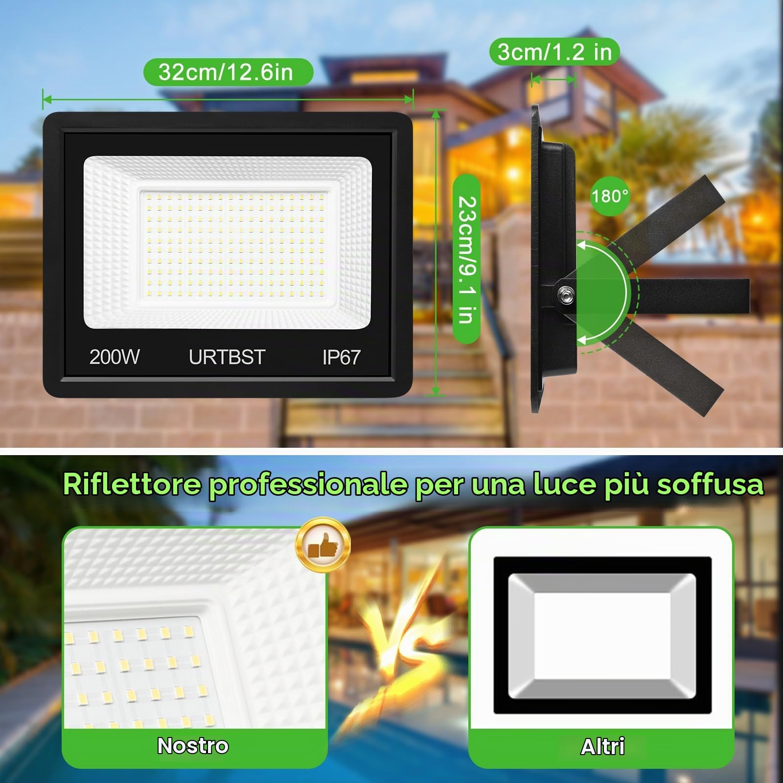 Proiettore LED per esterni, 200 W, 20000 lm, IP67, impermeabile, 7000 K, bianco freddo, per cortile, giardino, garage, terrazza