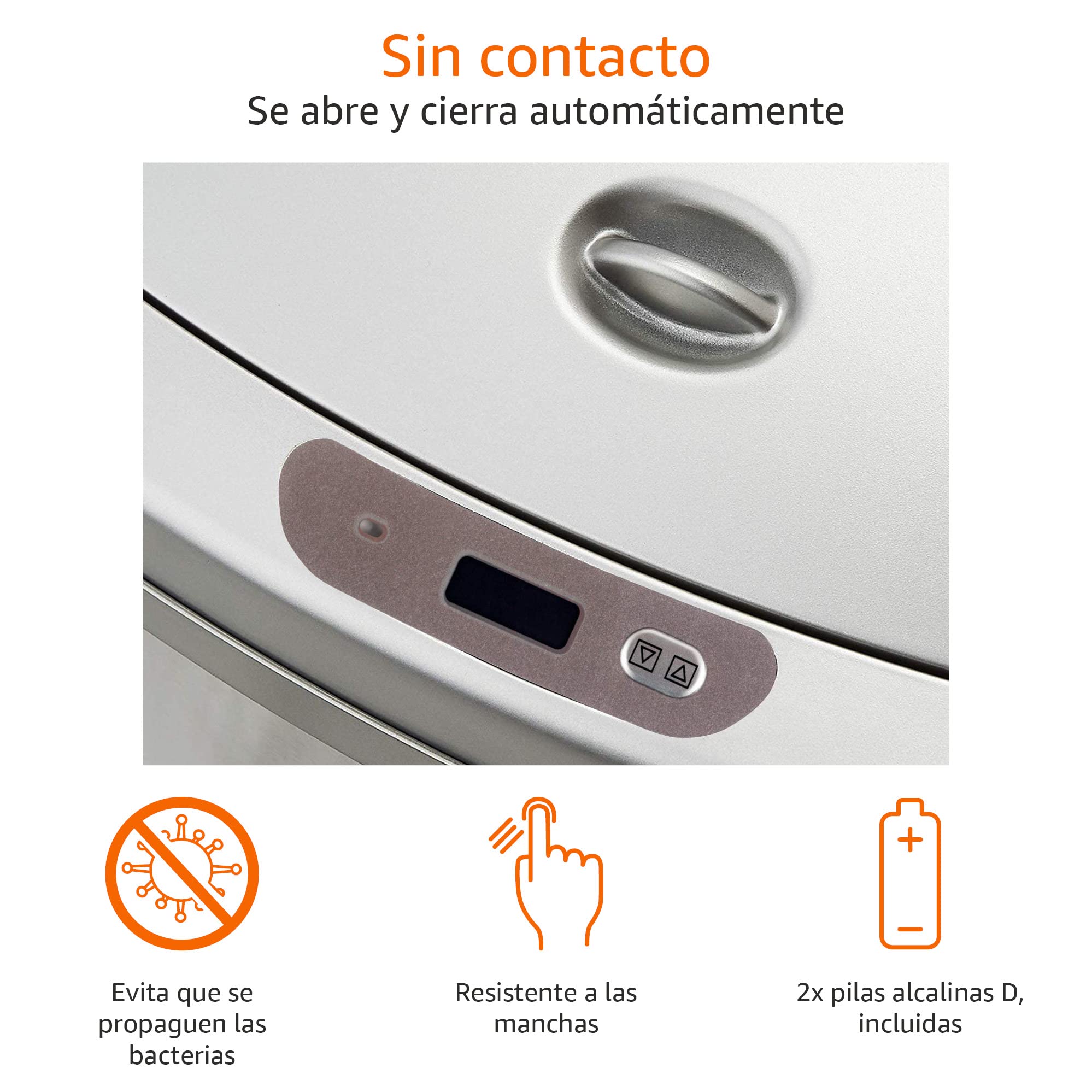 Amazon Basics Cubo de basura automático de acero inoxidable, metálico, rectangular, 50 litros