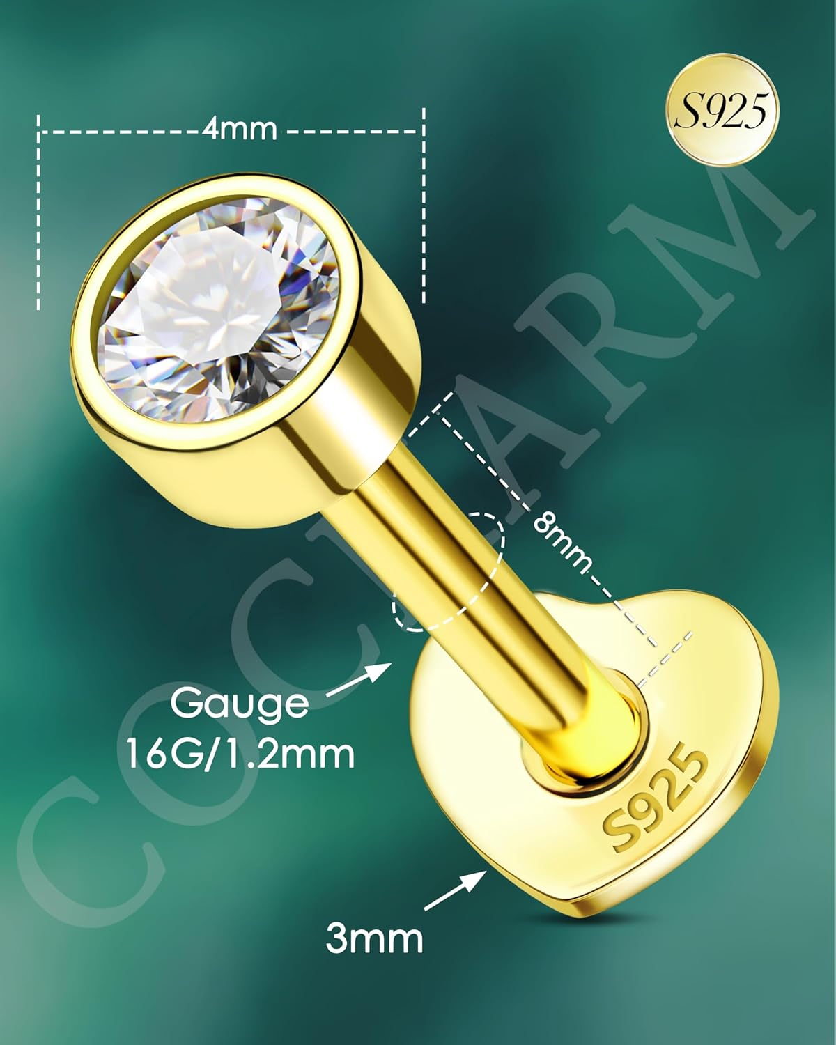 COCHARM 14K Gold Plated Flat Back Earrings Stud Cartilage Earrings Heart Post 925 Sterling SilverTragus Helix Earrings for women Internally Threaded Tragus Earrings - Image 3