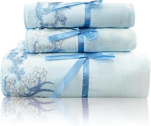 USTIDE Juego de toallas de baño de encaje azul, juego de toallas de mano suaves y aterciopeladas para baño, ducha, baño (1 toalla de baño + 2
