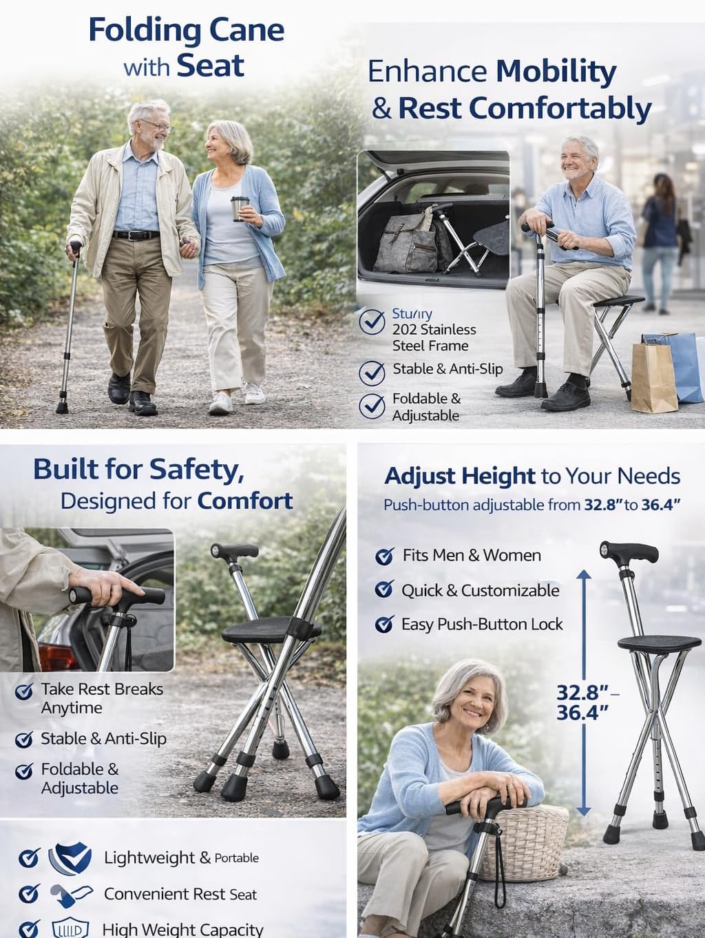 Foldable Walking Cane Seat with LED Light, Adjustable Height Portable Walking Stick Chair for Seniors, Lightweight Aluminum Mobility Aid with Non Slip Feet, Supports Up to 400 lbs