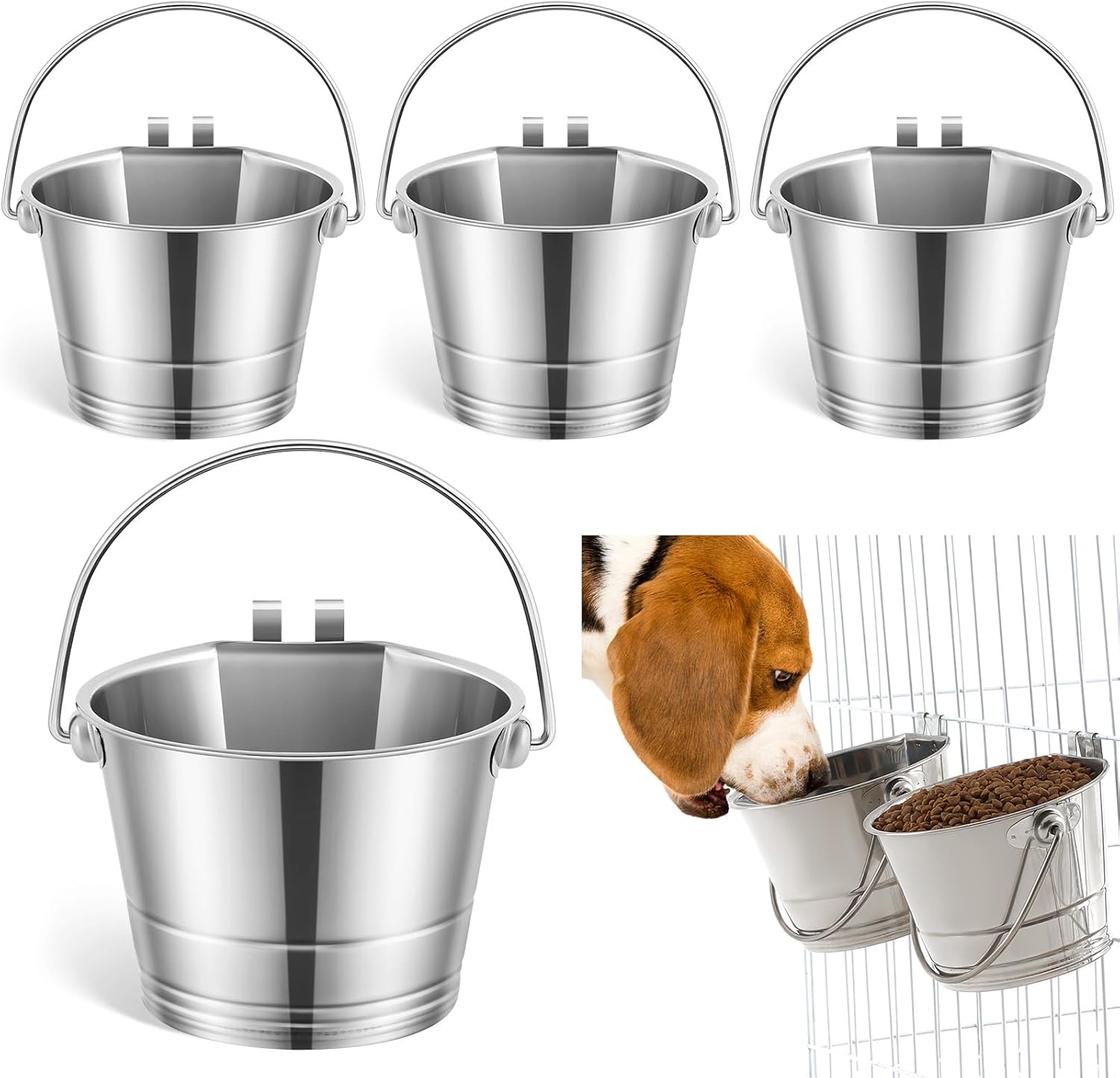 Honeydak 4 Pcs Flat Sided Pail with Dual Hooks 1 Quart Stainless Steel Flat Back Bucket Dual Hooks Hanging Dog Water Bucket Metal for Dog Cat Critter Cage Kennels Cages Fences Pet Container