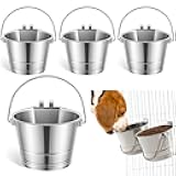 Honeydak 4 Pcs Flat Sided Pail with Dual Hooks 1 Quart Stainless Steel Flat Back Bucket Dual Hooks Hanging Dog Water Bucket Metal for Dog Cat Critter Cage Kennels Cages Fences Pet Container