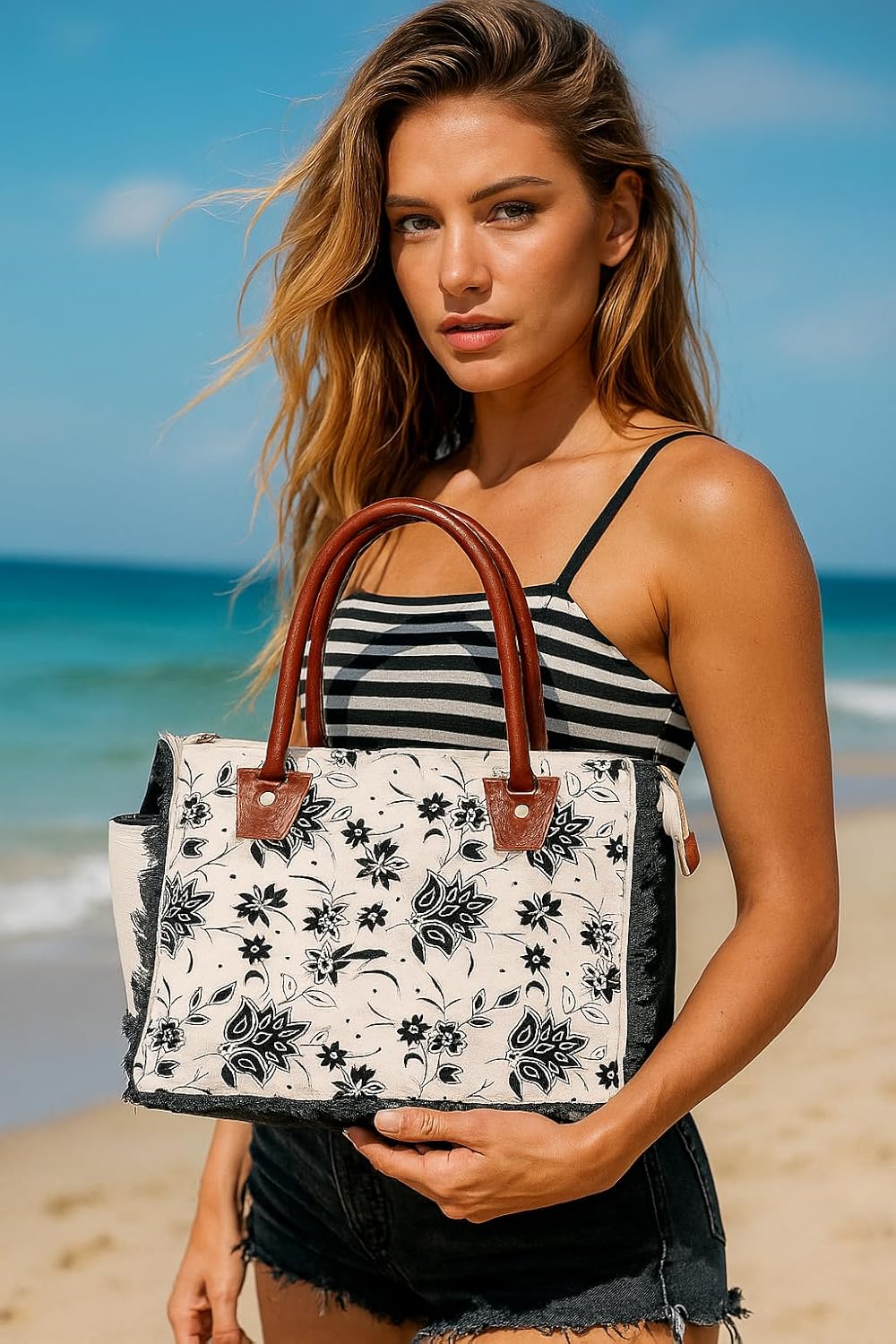 CLA Upcycle Canvas Bag With Leather - Handmade Tote, Shoulder Bag, Handbag for Women - Image 2