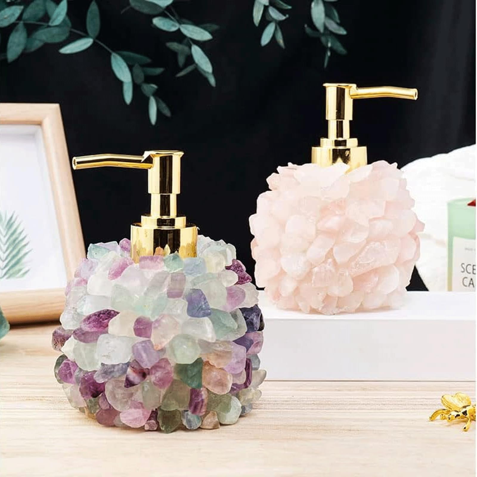 Yofab Dispenser di sapone da banco Dispenser di sapone con cristalli di fluorite grezza con pompa in acciaio inossidabile Dispenser di sapone liquido ricaricabile Dispenser di sapone per le mani