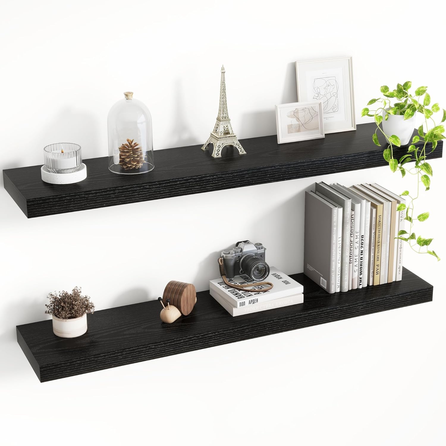 36 Inch Floating Shelves, 8 Inch Deep Floating Shelves for Wall, Hanging Shelf with Invisible Brackets, Deep Shelves for Bathroom, Bedroom, Living Room, Black, Set of 2 36"x8"-2pcs Black
