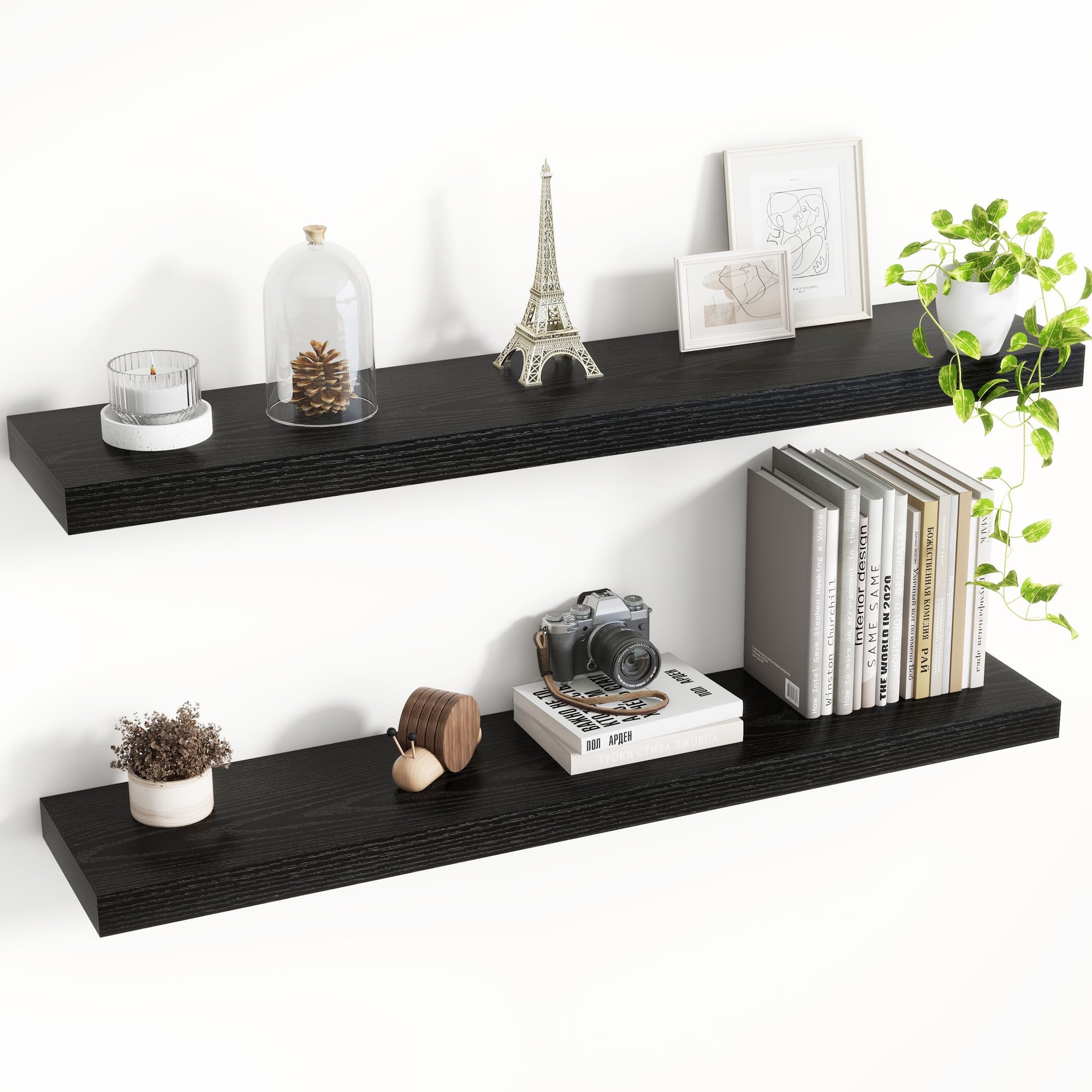 Acovy 36 Inch Floating Shelves, 8 Inch Deep Floating Shelves for Wall, Hanging Shelf with Invisible Brackets, Deep Shelves for Bathroom, Bedroom, Living Room, Black, Set of 2 — image 1