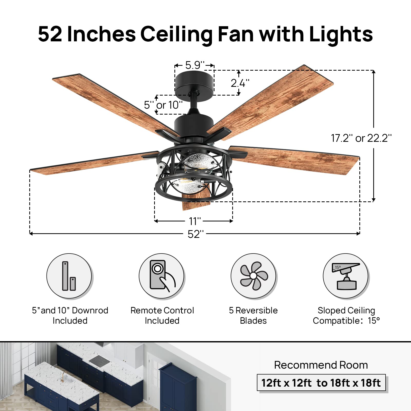 Consciot Ceiling Fan With Lights, 52 Inch Farmhouse Indoor Ceiling Fan With Remote, Quiet Reversible DC Motor, 5 Double Finish Wood Blades, Easy Dual Mount, Support Dimmable 2*E26 Bulbs(not included)