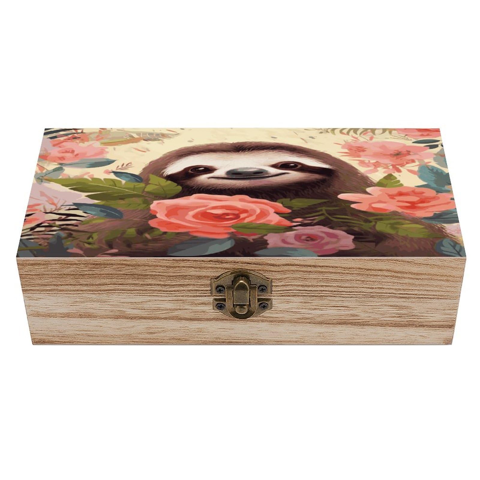 Adfgyerh Style Sloth And Flowers Bins Solid Wood，Jewelry Box Retro And Exquisite，Storage Box Used For Storing Photos, Souvenirs, Letters, Gifts, And Jewelry.
