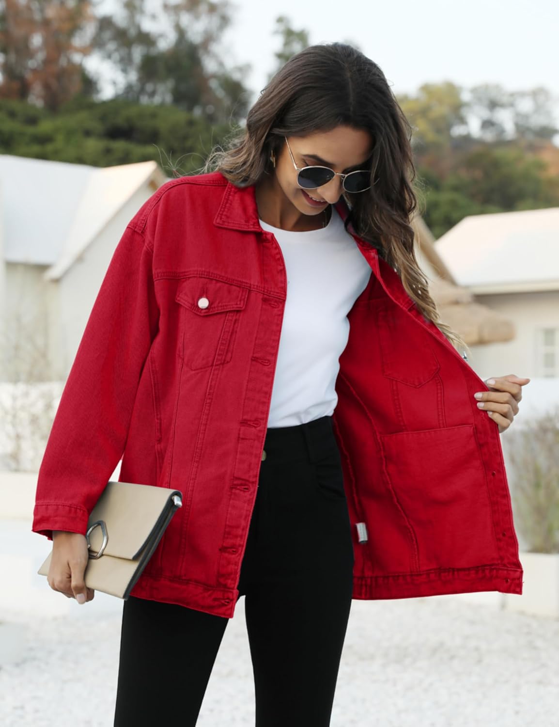 Omoone Women’s Oversized Mid Long Denim Jacket Jean Biker Coat