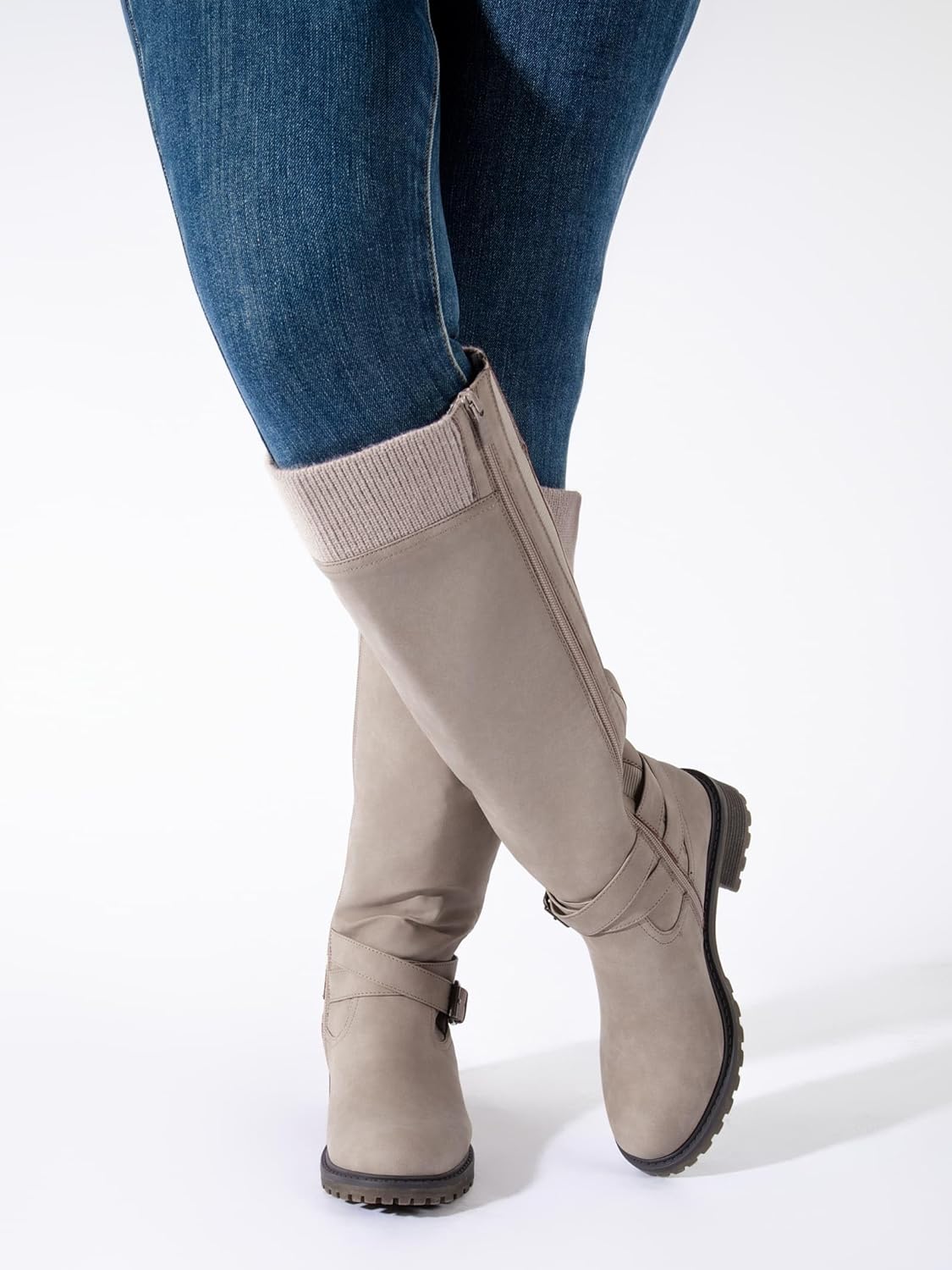 Shoe'N Tale Women's Wide Calf Knee High Boots Stretchy Low Heel Round Toe Winter Boots with Side Zipper - Image 6