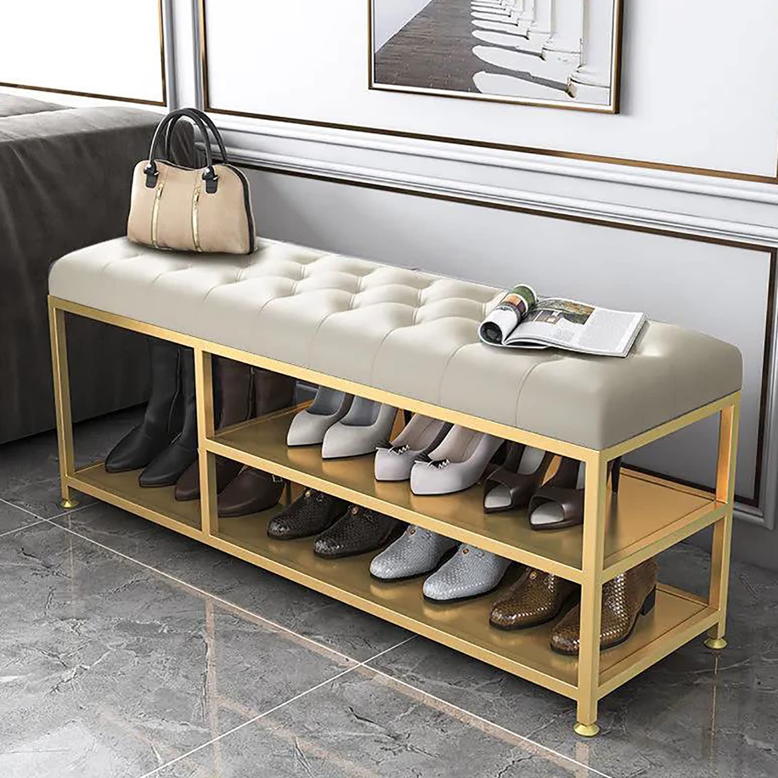 Banc de rangement pour chaussures moderne en cuir beige de 80 cm de long avec assise