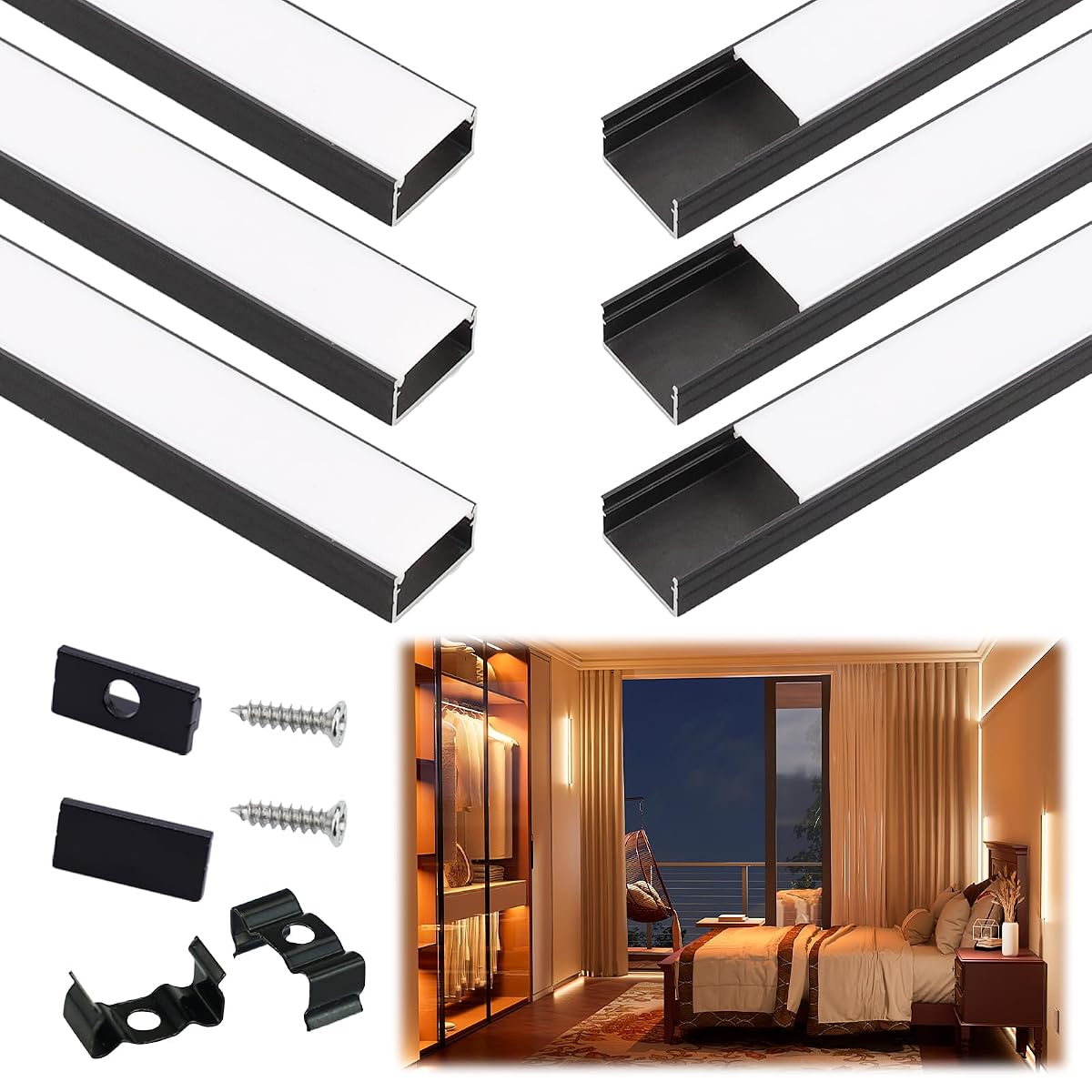 Muzata LED Strip Diffuser Channel, 3.3FT/1M, Black Aluminum, 6Pack, Milky White