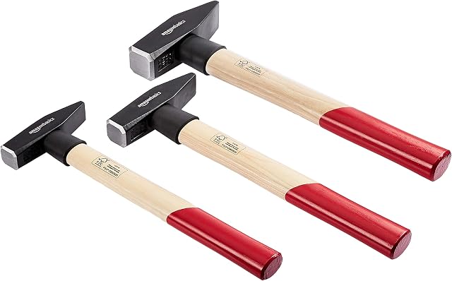 Amazon Basics Engineer's Hickory Wooden Handle Hammer Set, 3 Pieces, 300g, 500g, 1000g