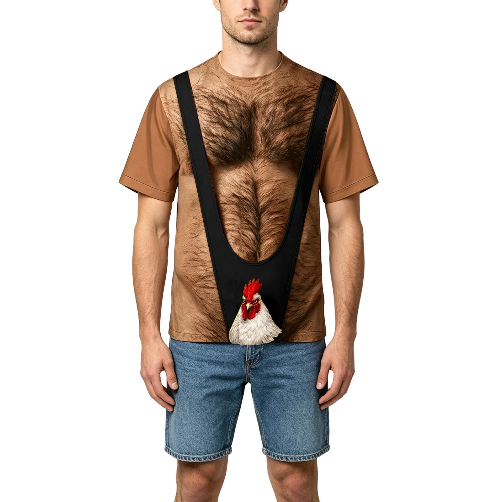 3D Chest Hair Print Funny Novelty T Shirt Rooster Design Hilarious Stag Do Classic Mankini Style Shirt Plus Size Short Sleeve Casual Fancy Dress Top for Bachelor Party Halloween Costume Black