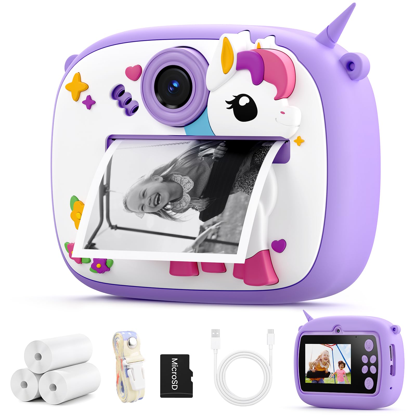 YOZISS Macchina Fotografica Bambini Istantanea, 1080P macchina fotografica istantanea bambini con 3 Rotoli di Carta da Stampa, Regalo per Bambini dai 3 a 14(Pony Viola)