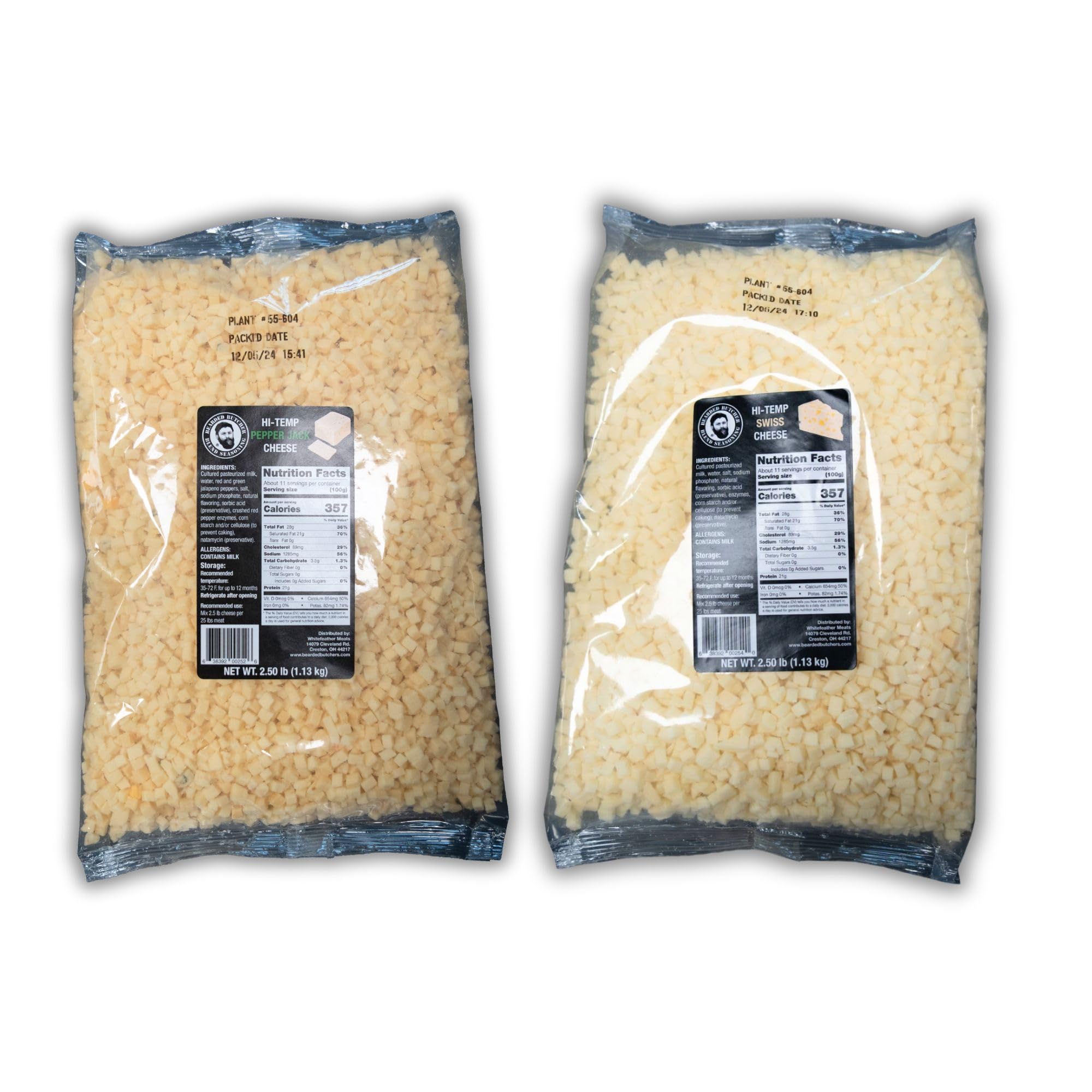 Bearded Butchers High-Temp Pepper Jack & Swiss Cheese, Pack of 2 (2.5 lb Bags Each) – 5 lbs Total, Shelf-Stable 1/4-Inch Cubes for Up to 25 lbs of Meat Per Bag, 400°F High-Temperature Cheese – Ideal for Bold & Creamy Sausage Blends, Brats, and More