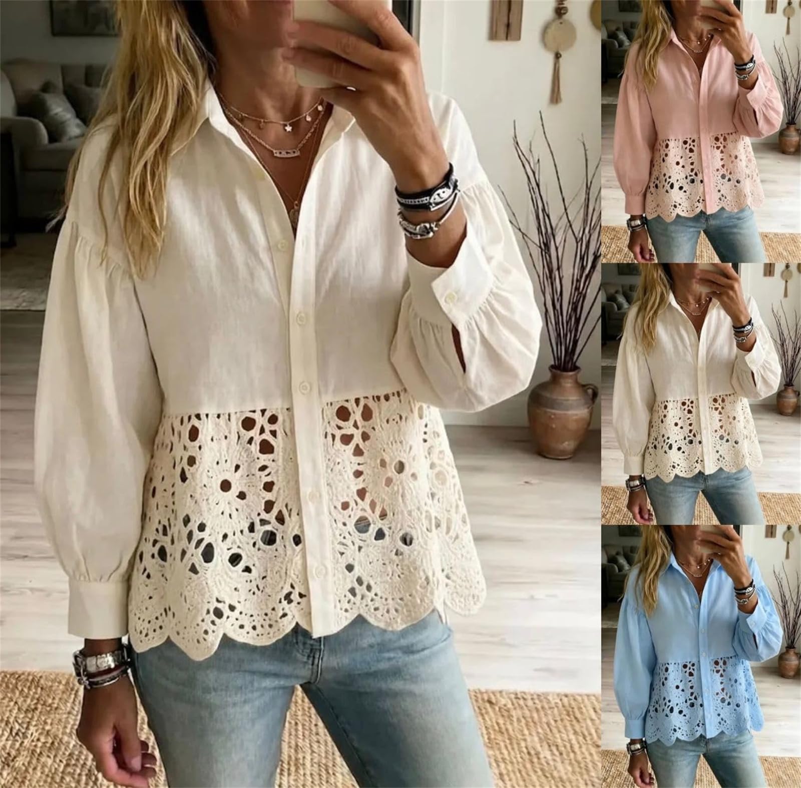 Blusa de encaje bohemio con botones y mangas de globo para mujer, estilo bohemio, informal, para el trabajo, vacaciones, fines de semana, vida diaria