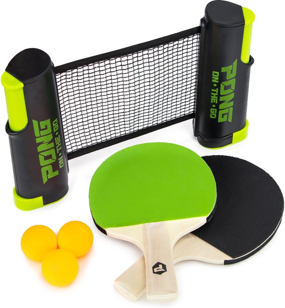 Brybelly Pong on The Go Portable Table Tennis Playset - Comes with Net, 2 Black/Green Paddles, 3 Balls, and Carry Bag - Indoor/Outdoor Tabletop Travel Game Alternative to Pong Tables for All Ages