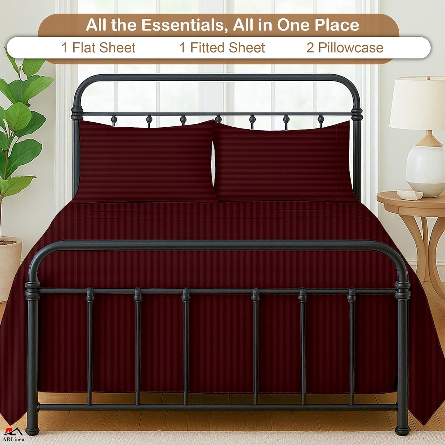 ARlinen Premium Cotton RV Sheet Set - Burgundy Stripe Camper King Size (70" x 80"), Motorhome & Travel Trailer Fitted Sheets for 8-10 Inch Deep Mattress, Soft & Breathable Bedding for RV Beds