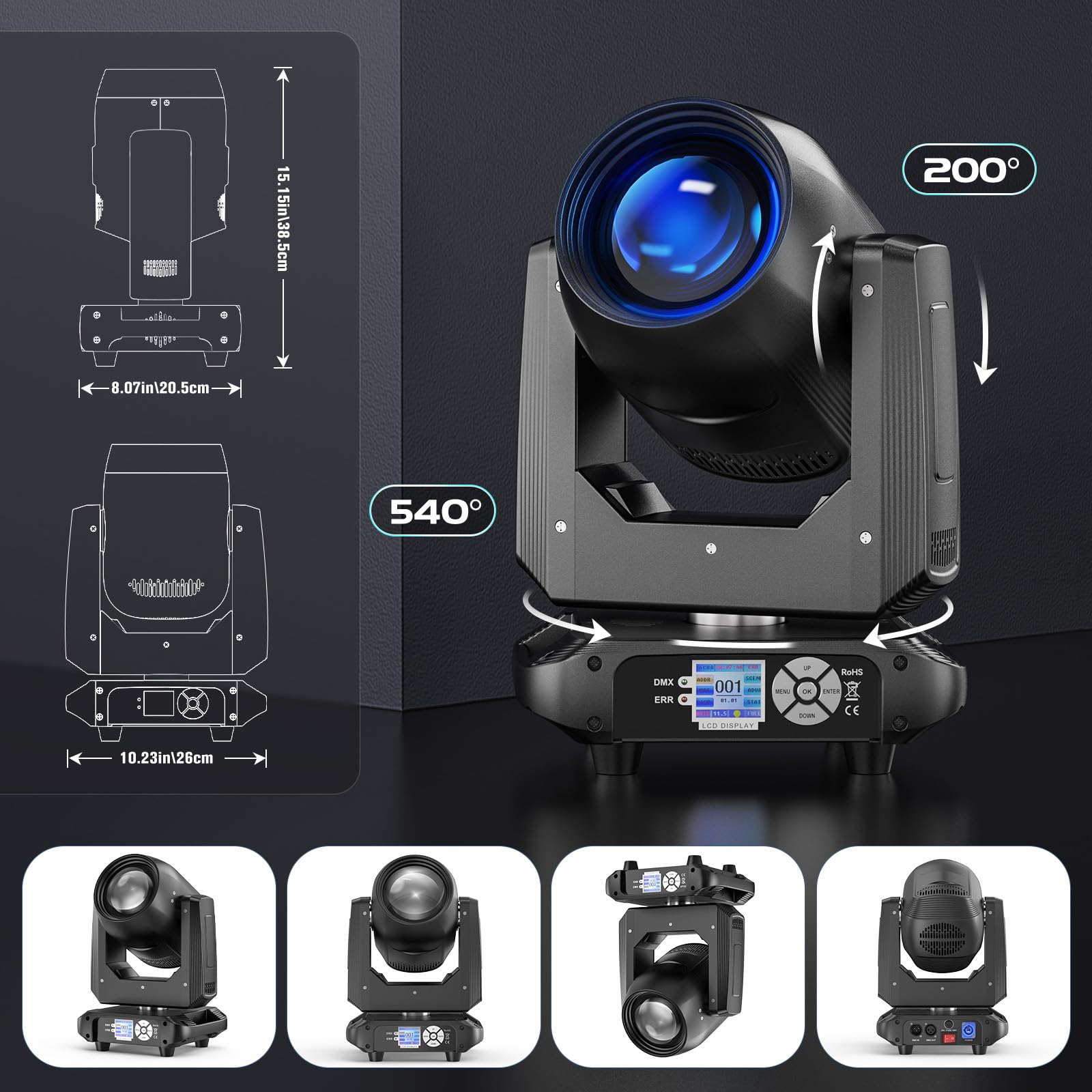 200W Lira LED Beam Testa Mobile Luci da Palcoscenico, RGBW Luci da Festa Focus Elettronico 14 Gobo 18 Prismi DMX512 Disco Luce Controllo del Suono per DJ Matrimonio Bar Concerto 2PCS
