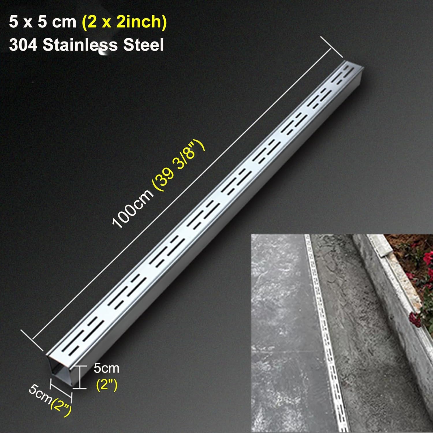 Slim Linear Shower Drain Kit, 304 Stainless Steel Floor Drain System, Durable Water Drainage Channel with Grate for Bathroom, Deck & Patio (5x5cm/2x2) - Rust-Resistant, Easy Installation