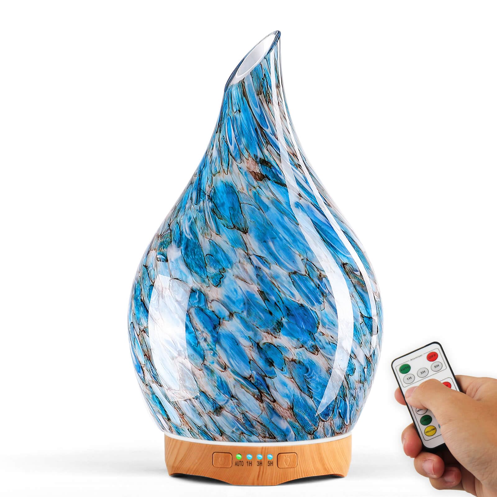 Porseme Aroma Diffuser 280ml, Handgeblasen Glas Luftbefeuchter, Ultraschall Aromatherapie Öle Diffusor mit 7 farbigem LED Licht, Diffusor für Ätherische Öle mit Fernbedienung für Wohnung (Blue)