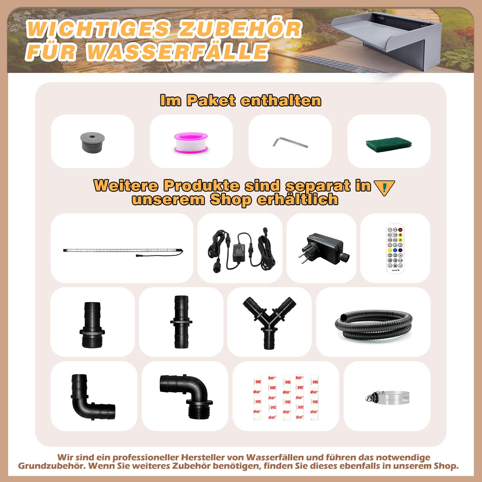 Kit de hojas de cascada para estanque, fuente de piscina acrílica de 30 cm con tapa y accesorios, ancho de 20 cm, cascada de cascada para jardín, patio, decoración de estanque
