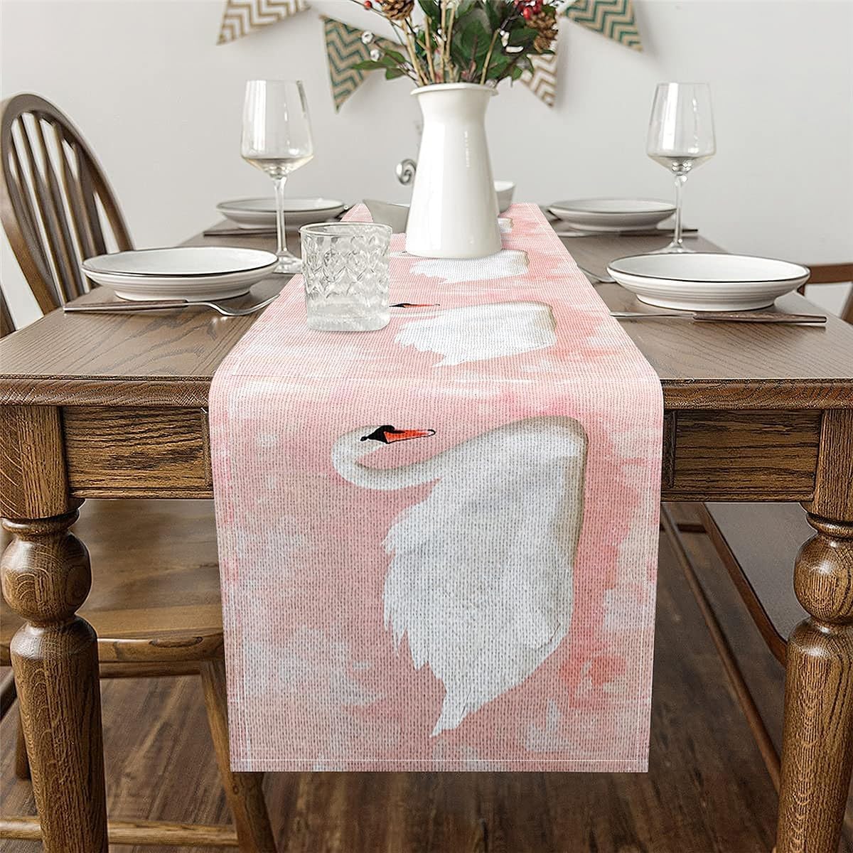 Erosebridal Pink Swan Table Runner Coquette Swan Table Runners Romantic Zwaan Waterfowl Rectangular Runner for Home Party Decor Watercolor Aesthetic Dresser Runners,13x120 Inch