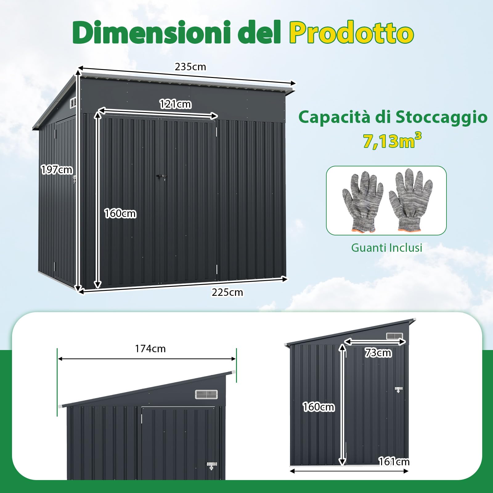 COSTWAY Capanno da Giardino 235 x 174 cm, Casetta Porta Attrezzi da Esterno in Acciaio Zincato con 3 Porte Bloccabile, Tetto Inclinato e Prese d'Aria, Ideale per Cortile e Patio