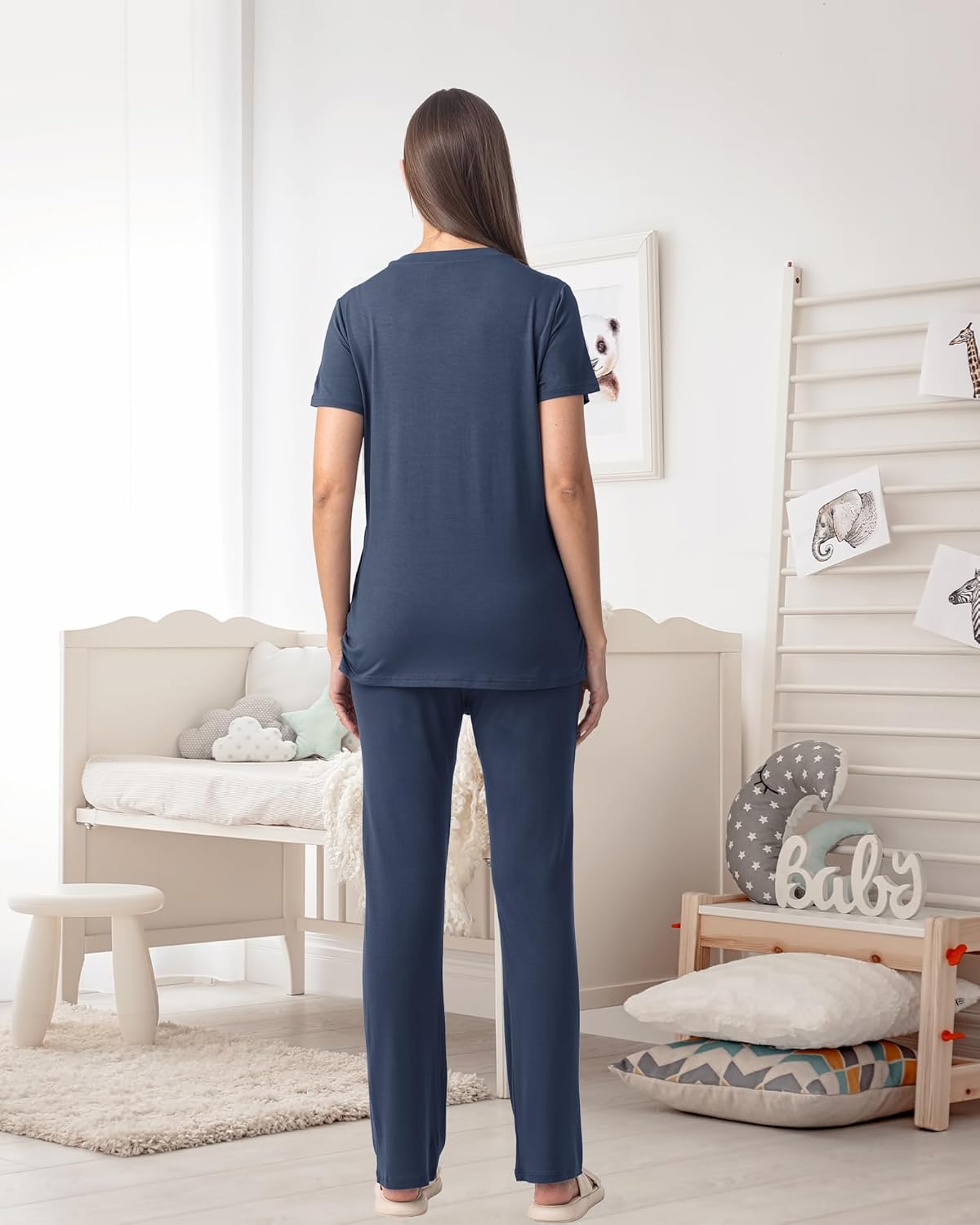 Rnxrbb 3 Piece Women's Maternity Nursing Pajamas Set V Neck Breastfeeding Pjs Sleepwear Postpartum Shorts&Pants Pockets - Image 6