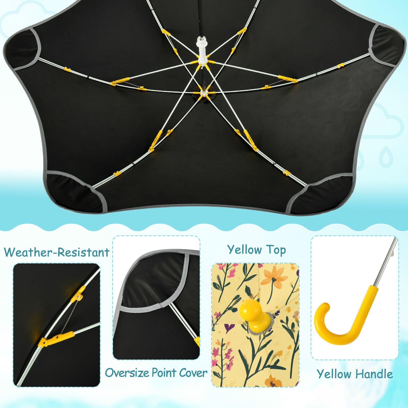 Parapluie de pluie jaune pour enfants avec bande réfléchissante, parapluie de voyage coupe-vent avec poignée à crochet facile à prendre en main pour tout-petits filles et garçons