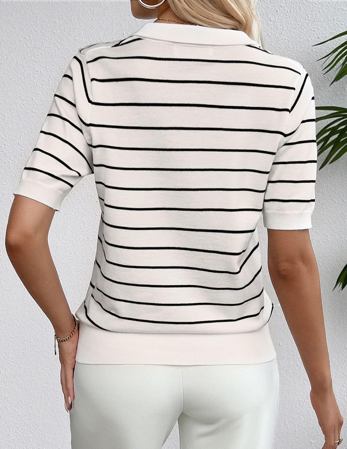 Kate Kasin Women Short Sleeve Polo Sweater V Neck Knitted Tops Casual Ribbed Shirt Loose Pullover Sweater - Image 8