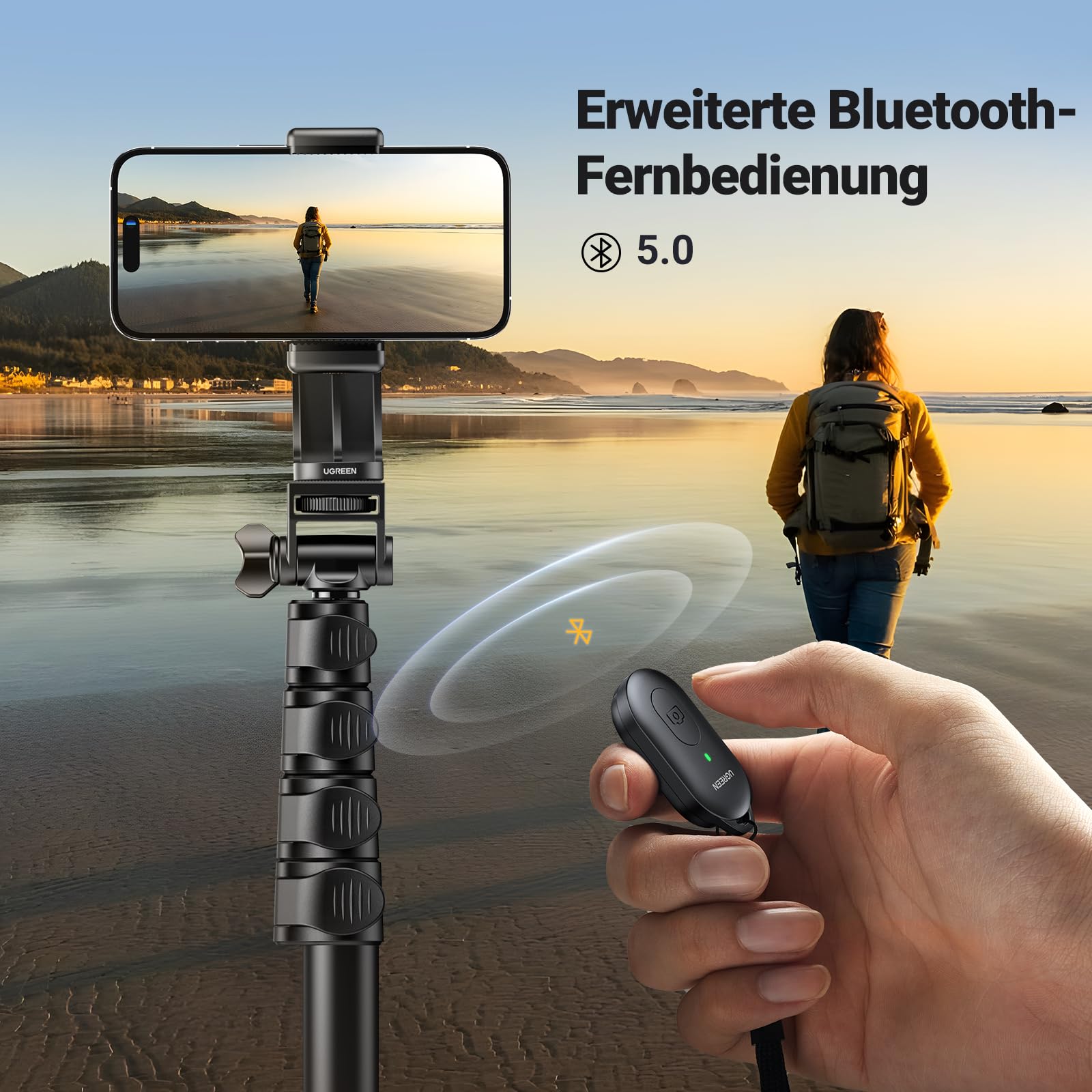 UGREEN Handy Stativ 170cm Stabil und Tragbar Handy Ständer mit Bluetooth Fernbedienung, Smartphone Stative kompatibel mit iPhone 17 16 15 14 Pro Max,14 Pro,14, Galaxy S23 Ultra, S23+, Huawei, GoPro