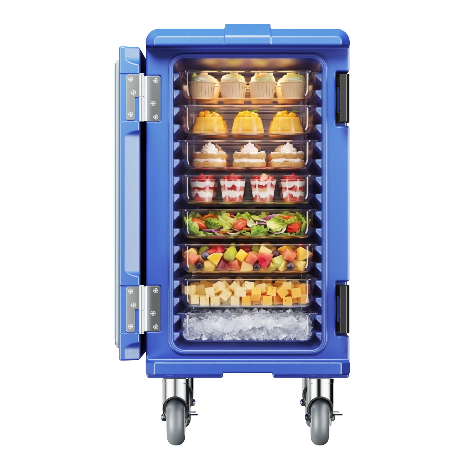 VEVOR Conteneur Isotherme pour Bac Gastronorme 120 L, Boîte de Transport Alimentaire Empilable, Chargement Frontal, Double Boucle, Poignées et Roulettes, Porte-plateaux pour Restauration Cantine, Bleu