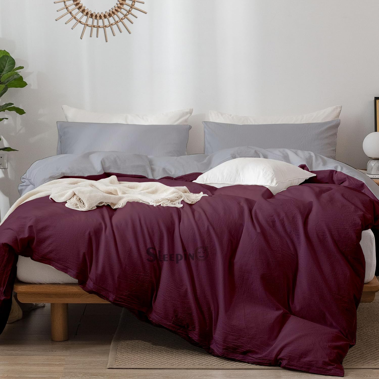 EDMUND - Brushed Microfiber King Size Reversible Duvet Cover Set/Comforter Cover/Rajai Cover/Blanket Cover (92"x106") Inch Quilt Cover King Size with Zipper & Pillow Cover - WineSilver 2