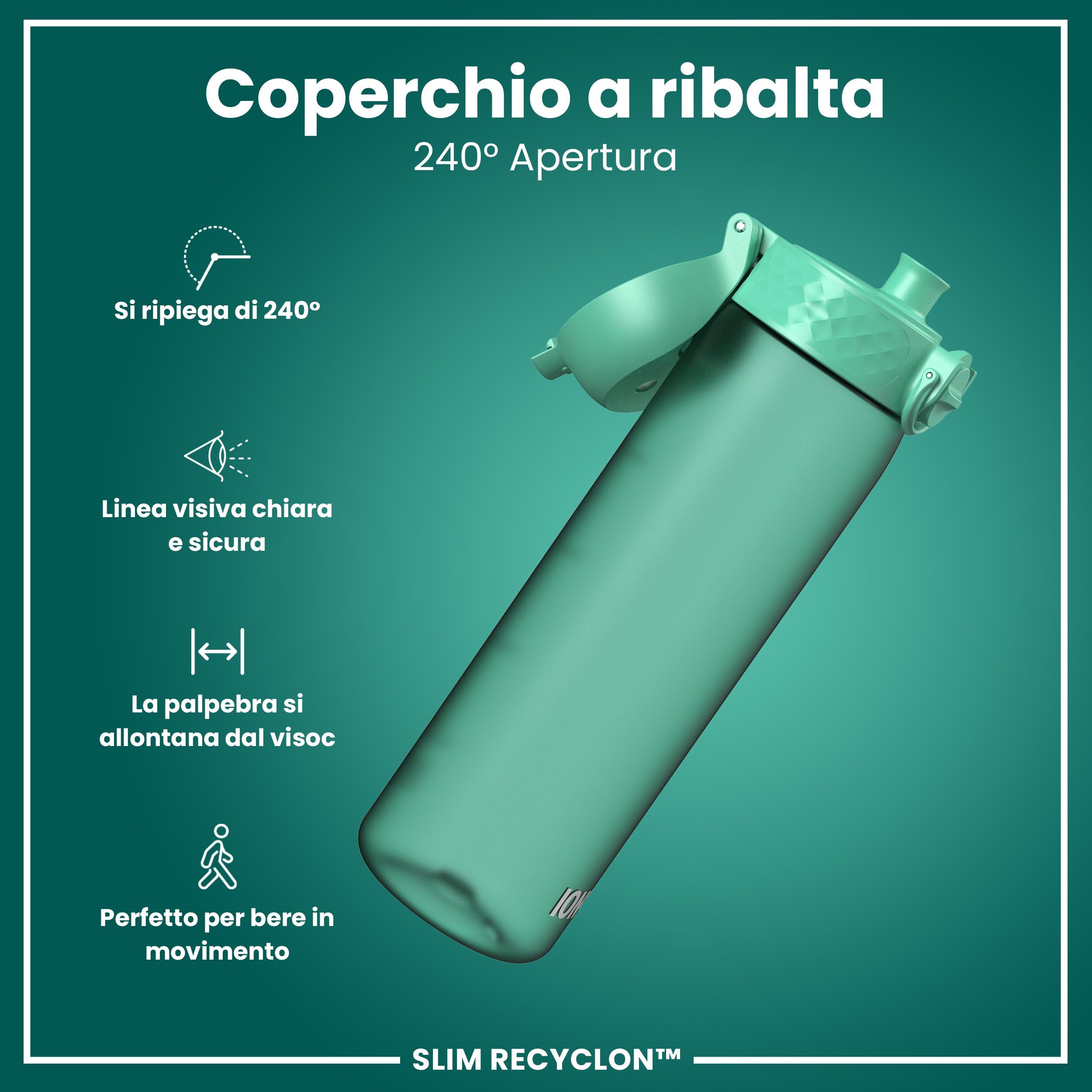 Ion8 Borraccia a Prova di Perdite, 500ml, Facile da Aprire, Serratura Sicura, Lavabile in Lavastoviglie, Senza BPA, Maniglia per il Trasporto, Adatta a Portabicchieri, Facile Pulizia, Verde Petrolio