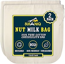 Sufaniq Nut Milk Bag - 2 Pack (12 x 12 Inches) 100% Unbleached Cotton Cheesecloth Bag, Premium Quality Reuseable Nut Bag Strainer for Almond, Soy, Oat Milk, Tea, Juices, Cold Brew Coffee