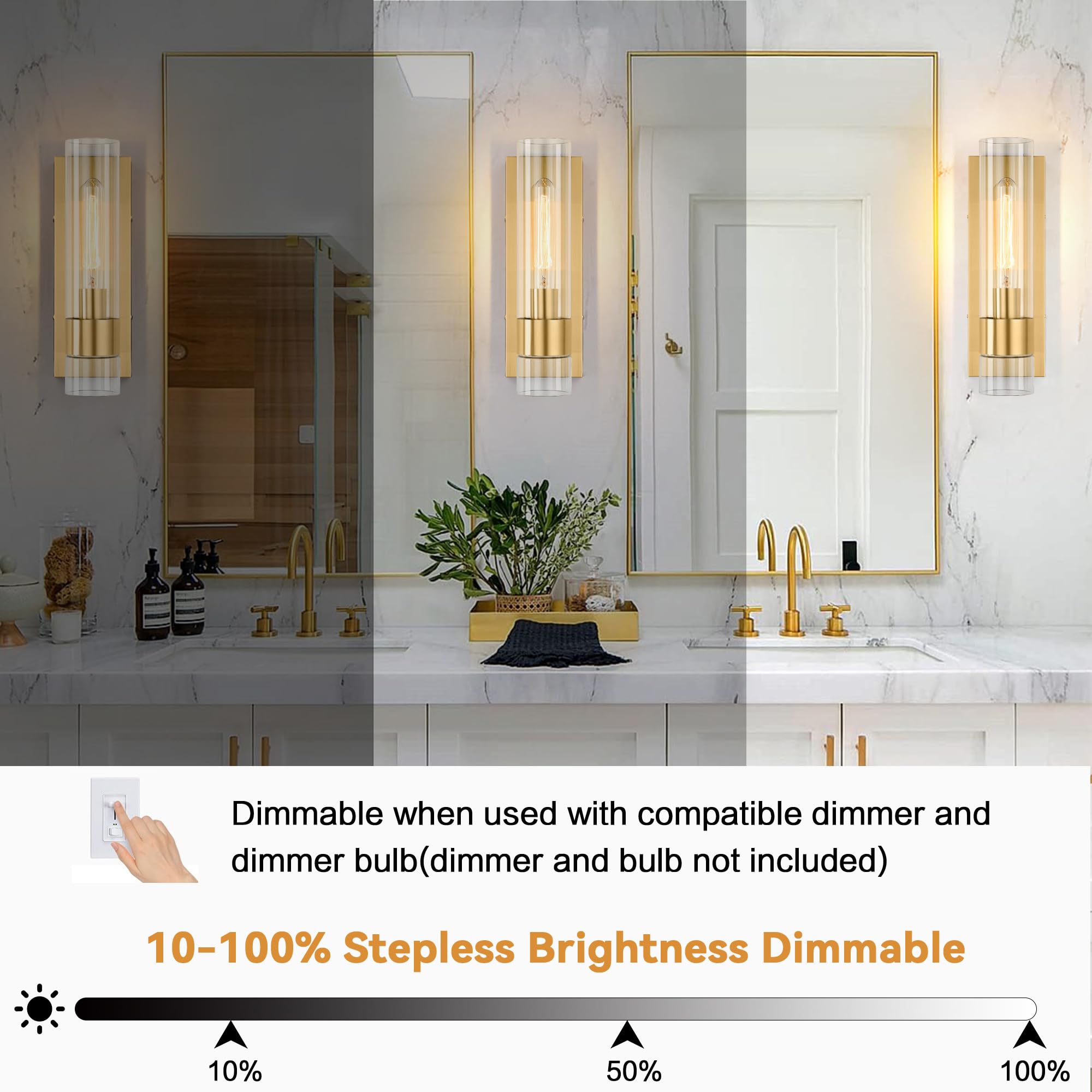 Juego de 2 apliques de pared dorados, modernos apliques de baño, iluminación de pared con vidrio transparente, apliques de baño, juego de 2, apliques de pared interiores para baño, sala de 5
