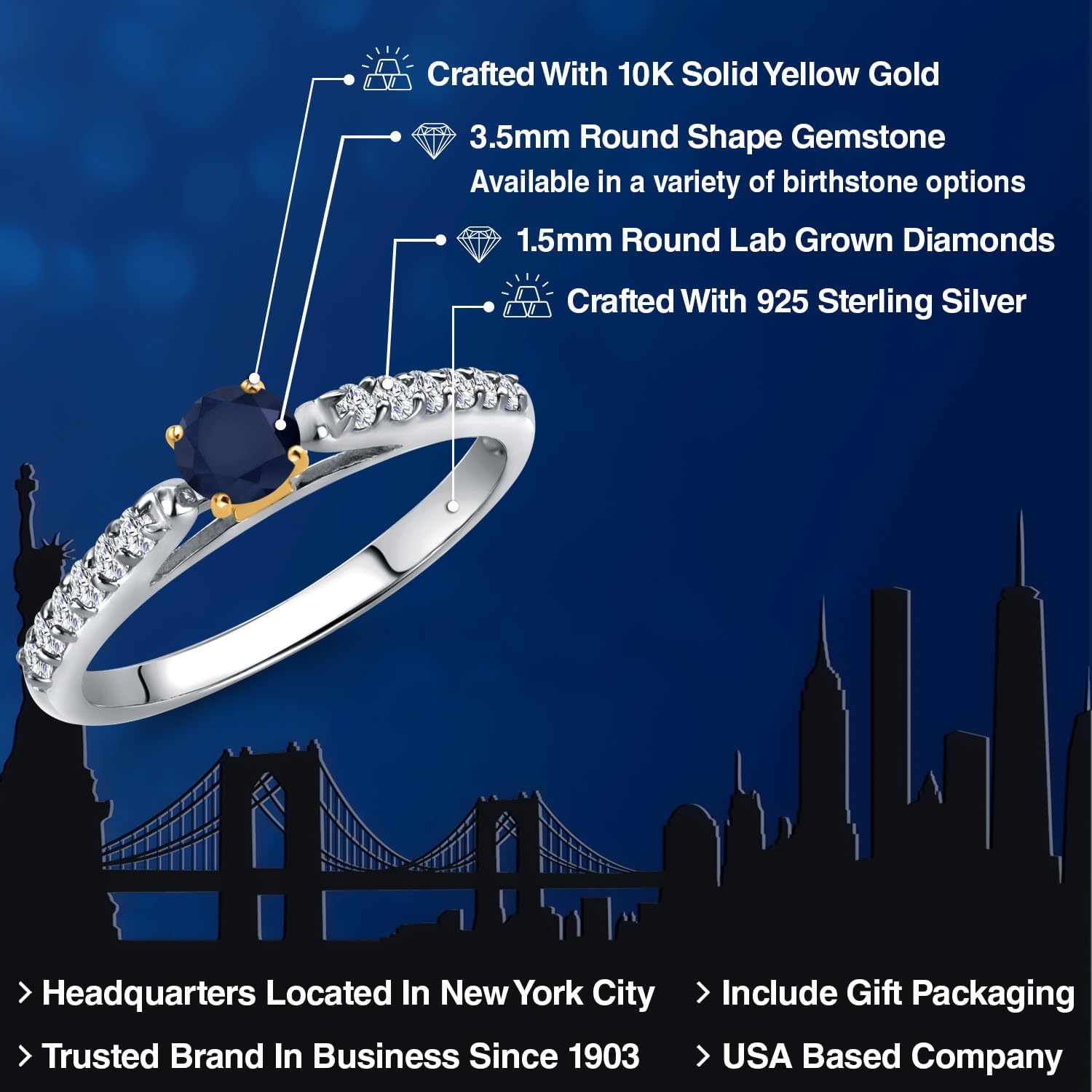 925 Silver and 10K Yellow Gold Gemstone Birthstone and Lab Grown Diamond Accent Engagement Ring For Women | Round 3.5MM and 1.5MM | Two-Tone Wedding Anniversary Promise Ring | Sizes 5, 6, 7, 8, 9 - Image 2