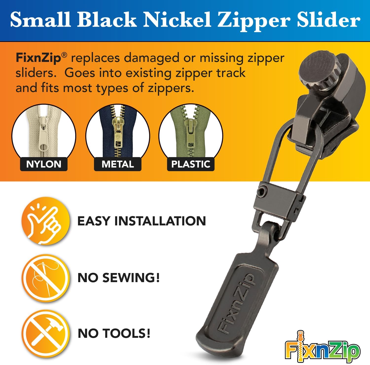 FixNZip Small Black Nickel Zipper Repair Kit | Universal No-Sew Slider Replacement for Pants, Skirts, Fine Garments, and Handbags | Instant and Reusable Zipper Repair Tool | Sizes 1-4