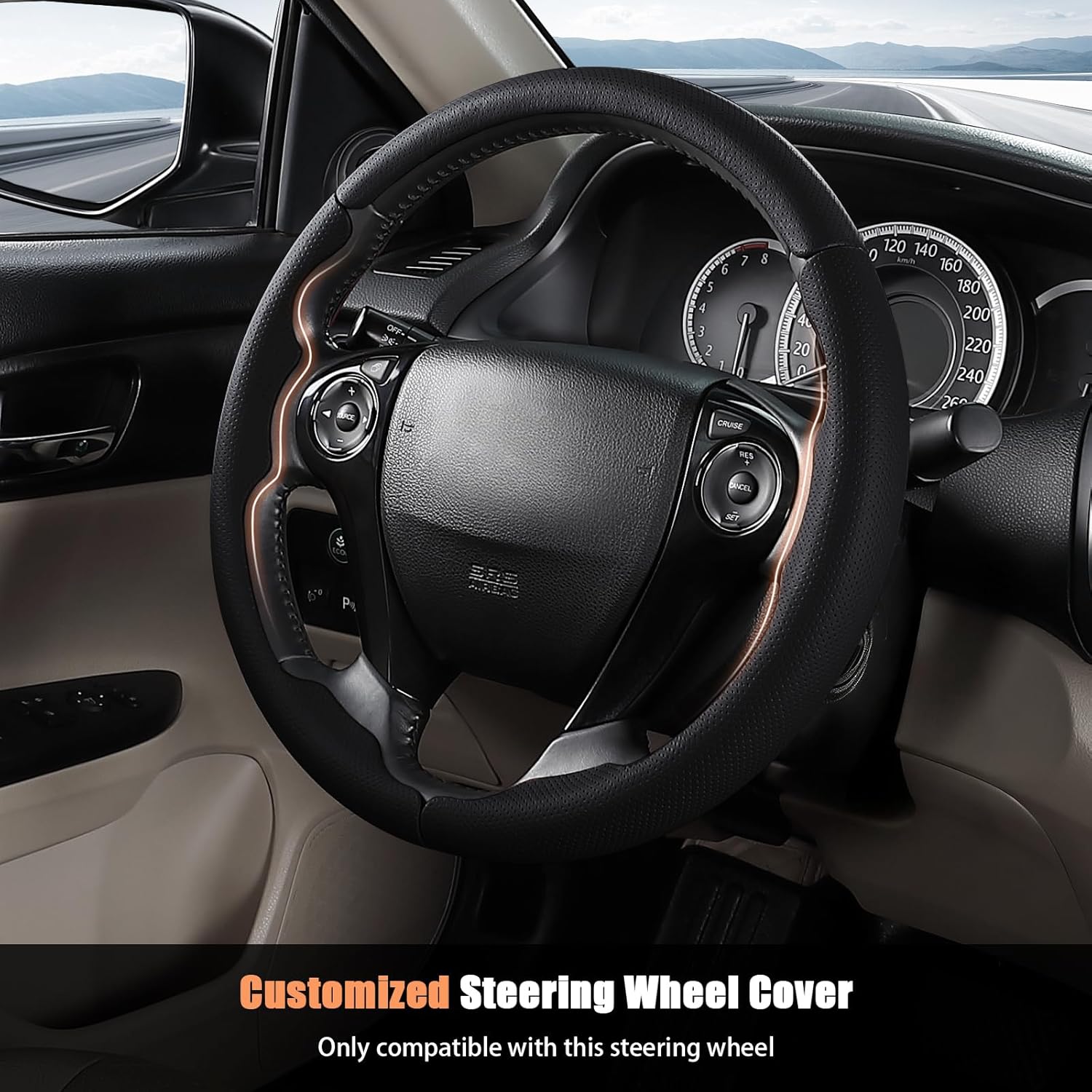 Aimato Customized Steering Wheel Cover for Honda Accord 2013-2017/Pilot 2016-2018/Crosstour 2013-2015, Thin,Anti-Slip,Scratch-Resistant Exclusive Car Accessory for Honda,Nappa Black