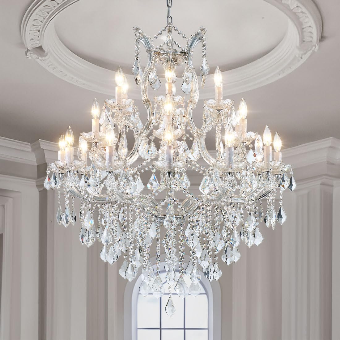 TMAFON Large High Ceiling Modern Chandeliers - 24 Lights, 3 Layers Crystal Chandelier Light Fixtures for Lobby, Foyer, Entrance Hall, Staircase