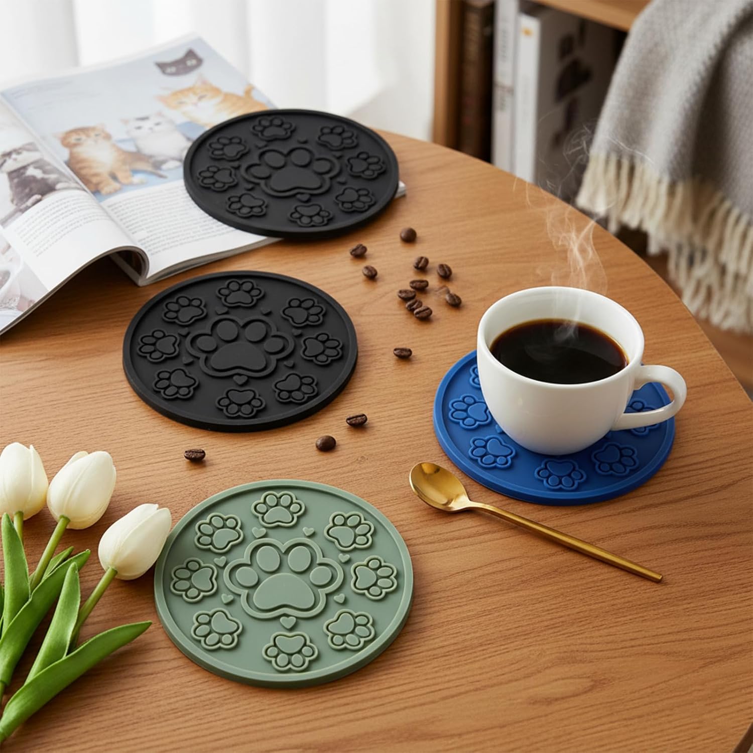 Silicone Coasters with Holder,6 Pack Drink Cup Mats,Thickened Non-Slip Deep Tray Design,Durable Coaster Set for Coffee Mugs,Whiskey Glasses,Beer Cups,Table Protection - Image 2