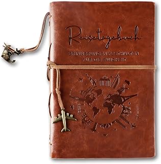 PU-Leder Reisetagebuch A5 zum Ausfüllen, 6-Ring Reise Tagebuch, 160 Seiten blankes Kraftpapier Notizbuch, Journal mit Flugzeug-Anhänger, ideal als Notebook, Skizzenbuch, Ringbuch Geschenk