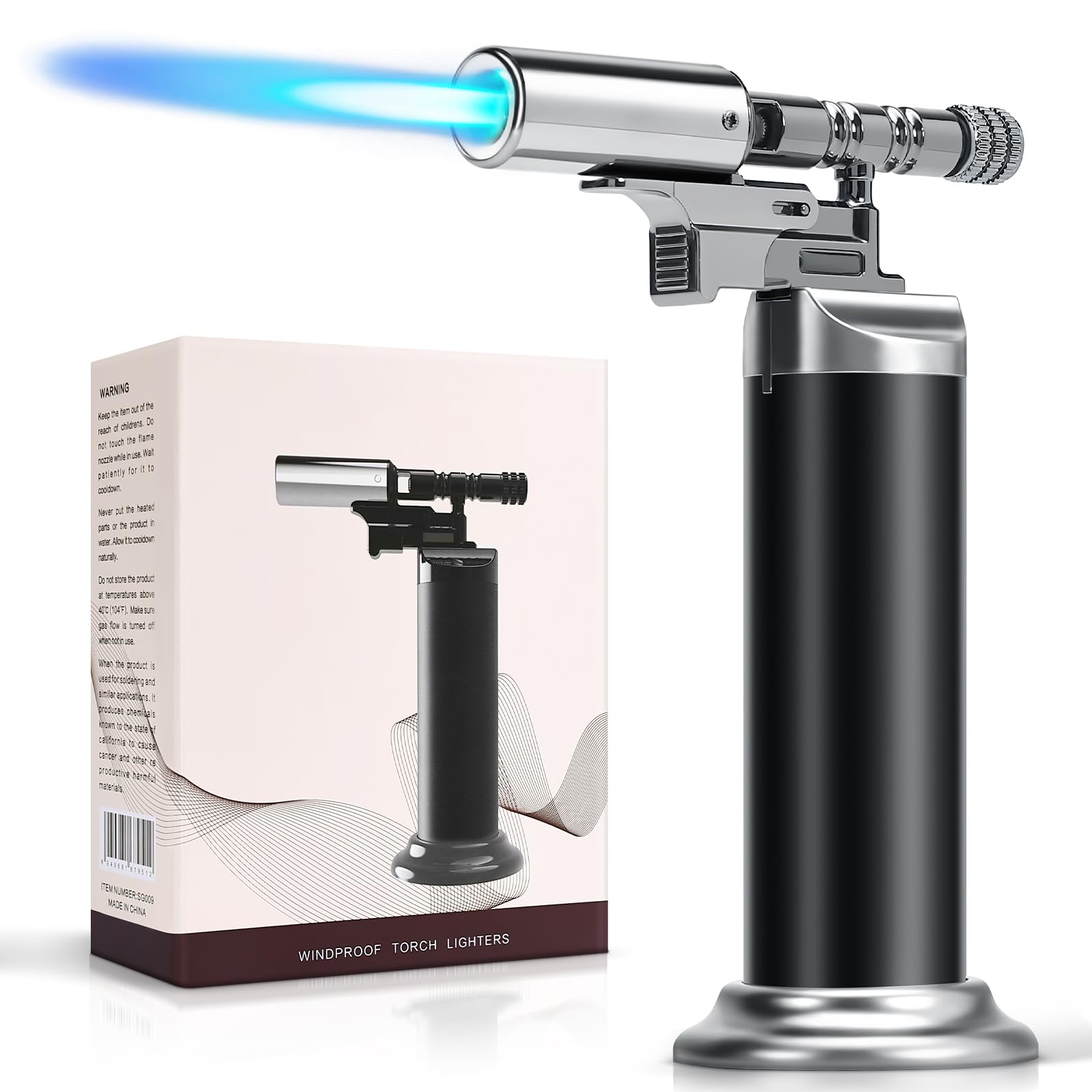 Butane Torch Lighter, Kitchen Torch, Refillable Cooking Torch Gun, Creme Brulee Torch Lighter, Blow Torch for Cooking, Welding,Black (Butane is Not Included）