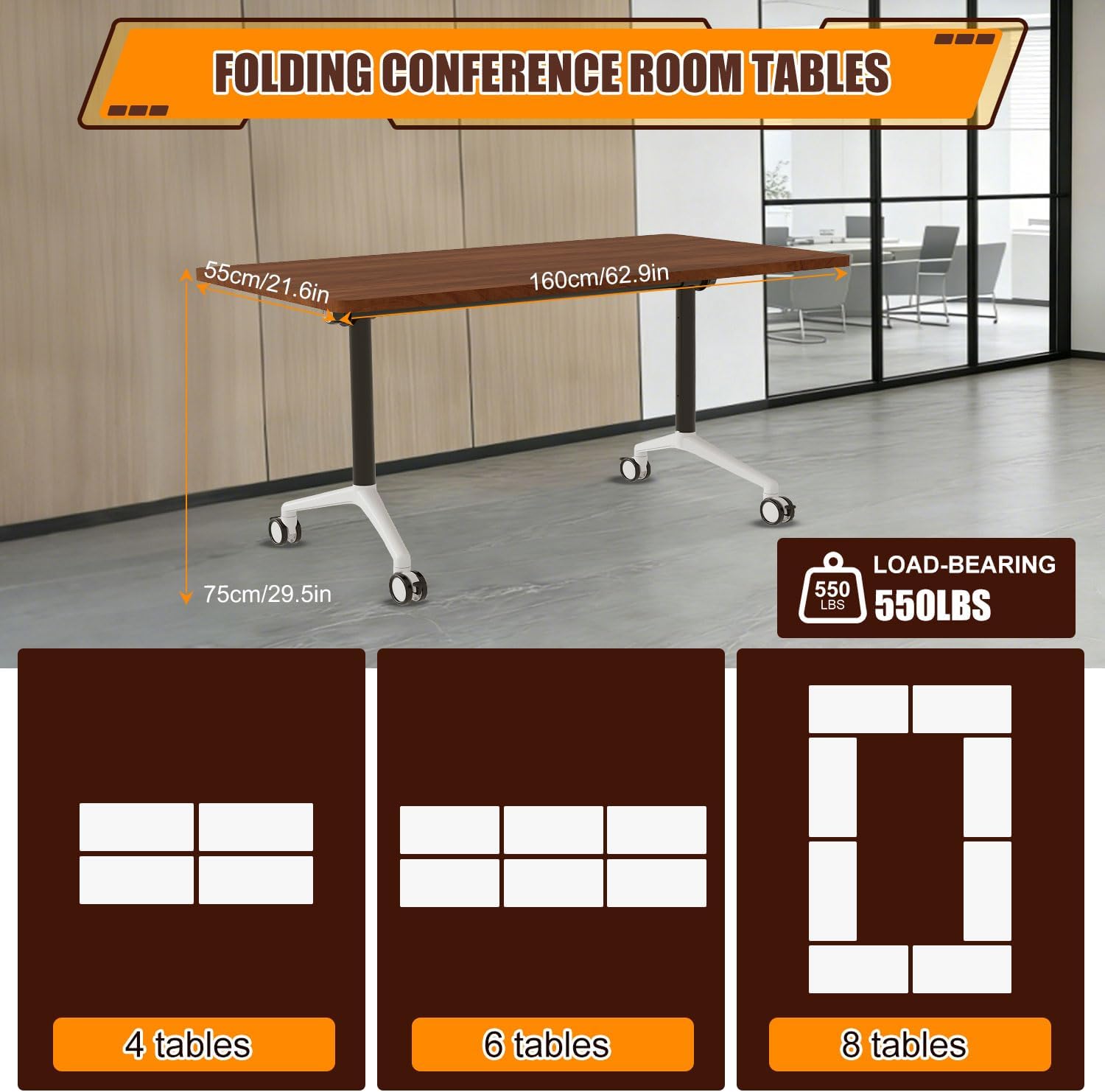 Conference Table Flip Top Mobile Training Tables,Modular Folding Conference Room Table with Wheels Rolling Meeting Room Tables,Modern Seminar Boardroom Table for Office Classr (4pcs, Walnut, 63in)