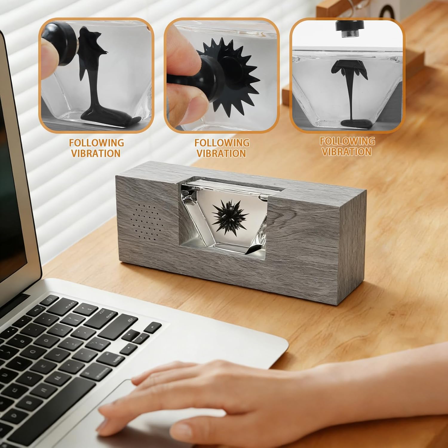 Dancing Dancing Ferrofluid with Bluetooth Speaker, Silvery Walnut Wood Sci-Fi Desktop Bluetooth Speaker, Cool Magnetic Liquid Ferrofluid Display with Music, Audio Visual Ferrofluid Desk Gifts