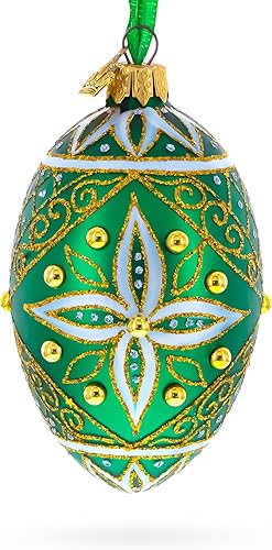 Adorno de huevo de cristal verde con estrella blanca con joyas de 4 pulgadas