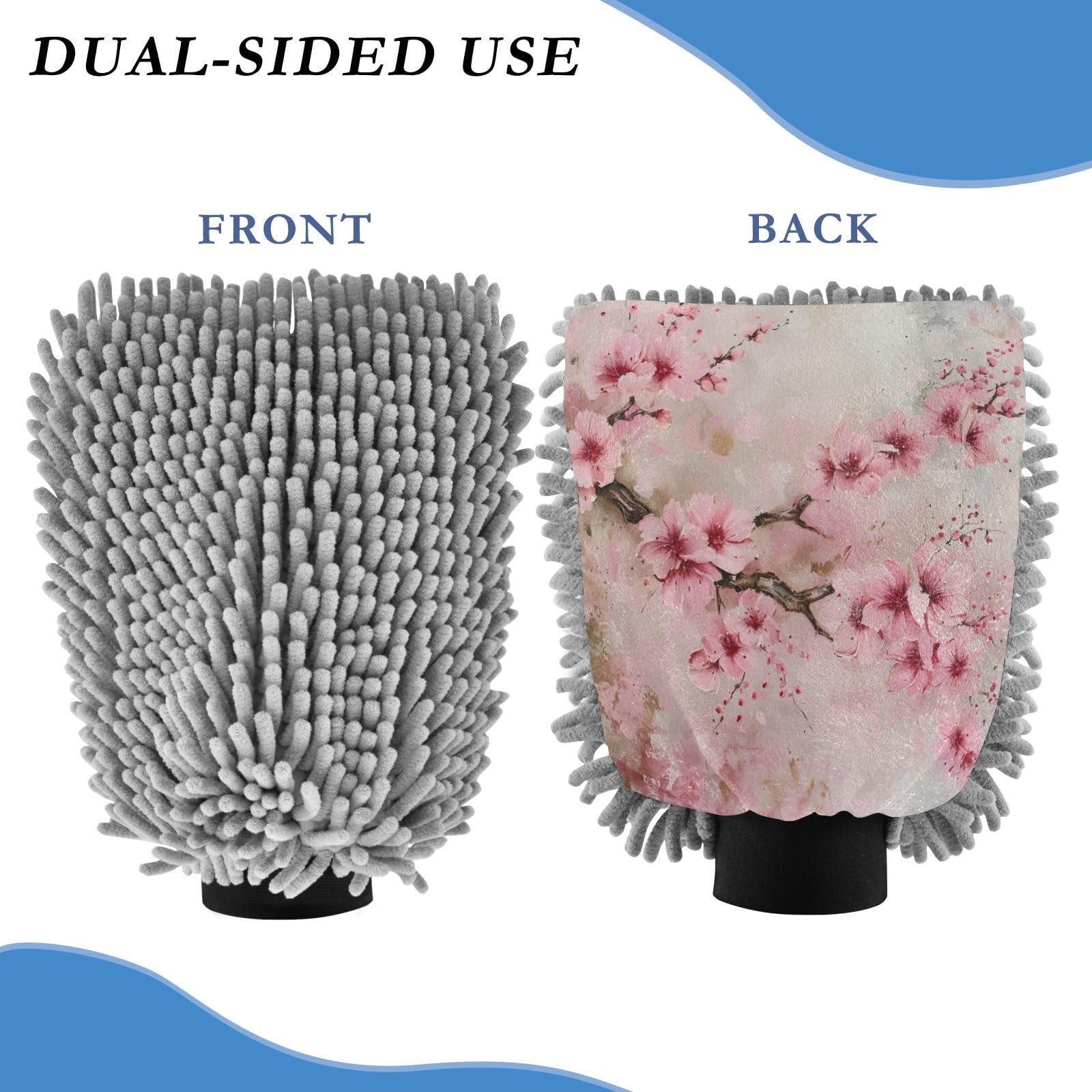ALAZA Cherry Blossom Painting Car Wash Mitt Scratch Free, 2 Pack Absorbent Microfiber/Chenille Washing & Drying Mitts, L